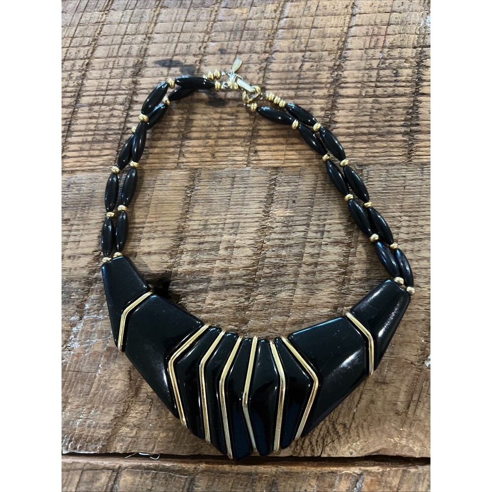 Vintage 1986 Napier Jet Collection Statement Necklace Black Gold Book Piece